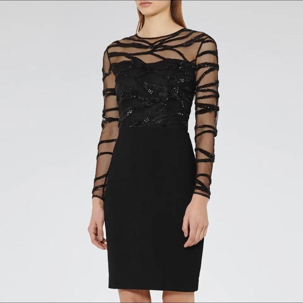 Reiss Black Sheath Dress with Long Sleeves and Embellished Details
